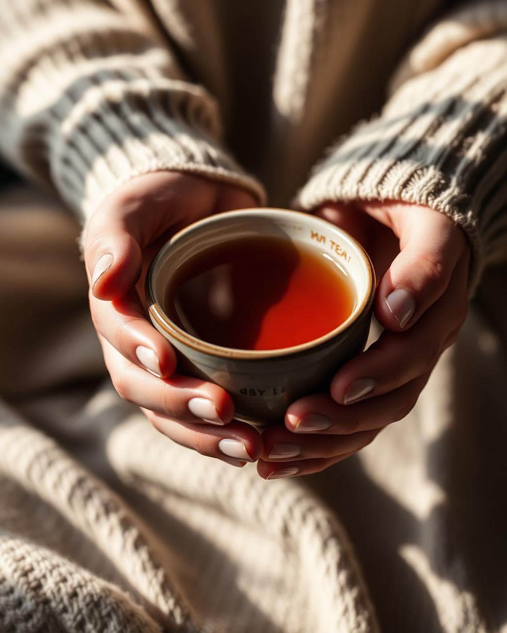 Hands holding a warm cup of tea
