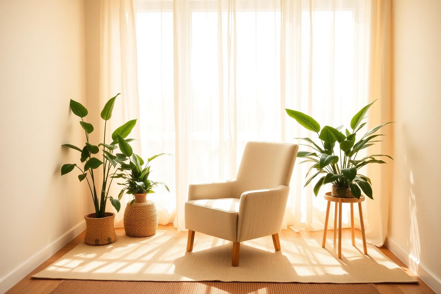 A sunlit therapy room with a linen armchair and plants